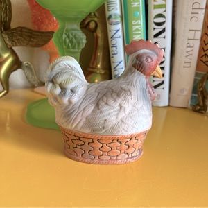 Vintage Painted Ceramic Little Hen on Nest Basket Trinkets Coveted Dish